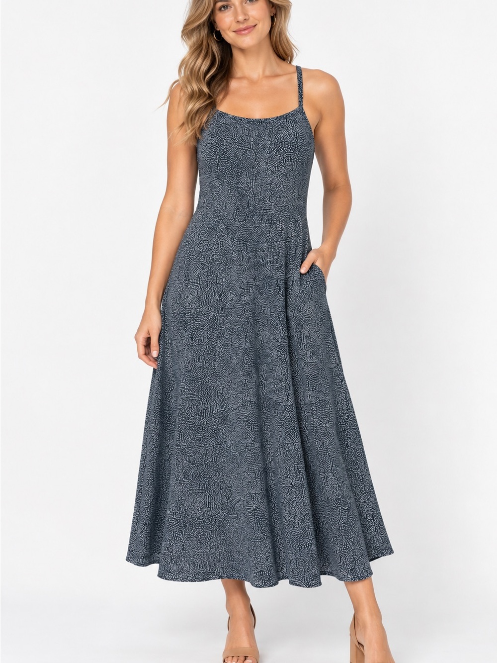 Pact Women's Size Small Fit & Flare Open Back Midi Dress Looking Glass Blue